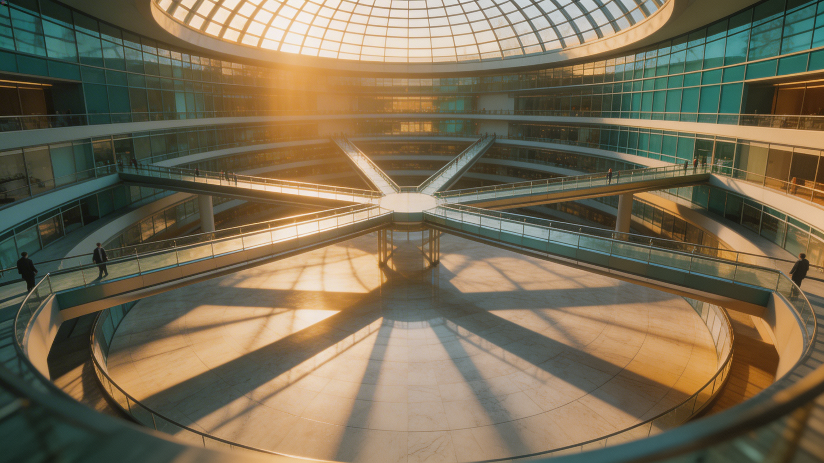An aerial view of a massive circular glass atrium in a modern corporate building, with converging walkways meeting at a central point, late afternoon sunlight streaming through the dome creating geometric shadow patterns on a polished marble floor
