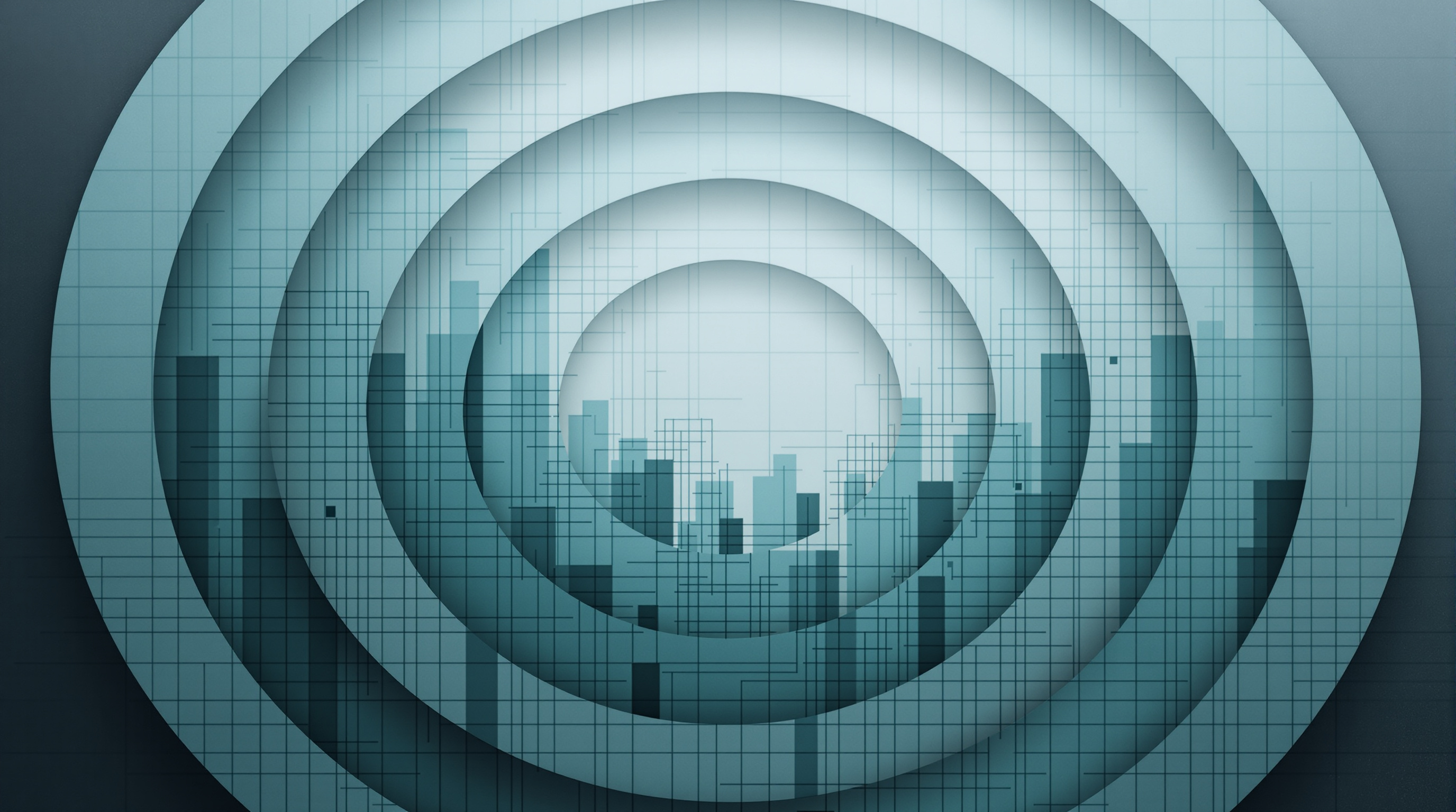 Concentric geometric grids in muted teal and charcoal representing workflow complexity