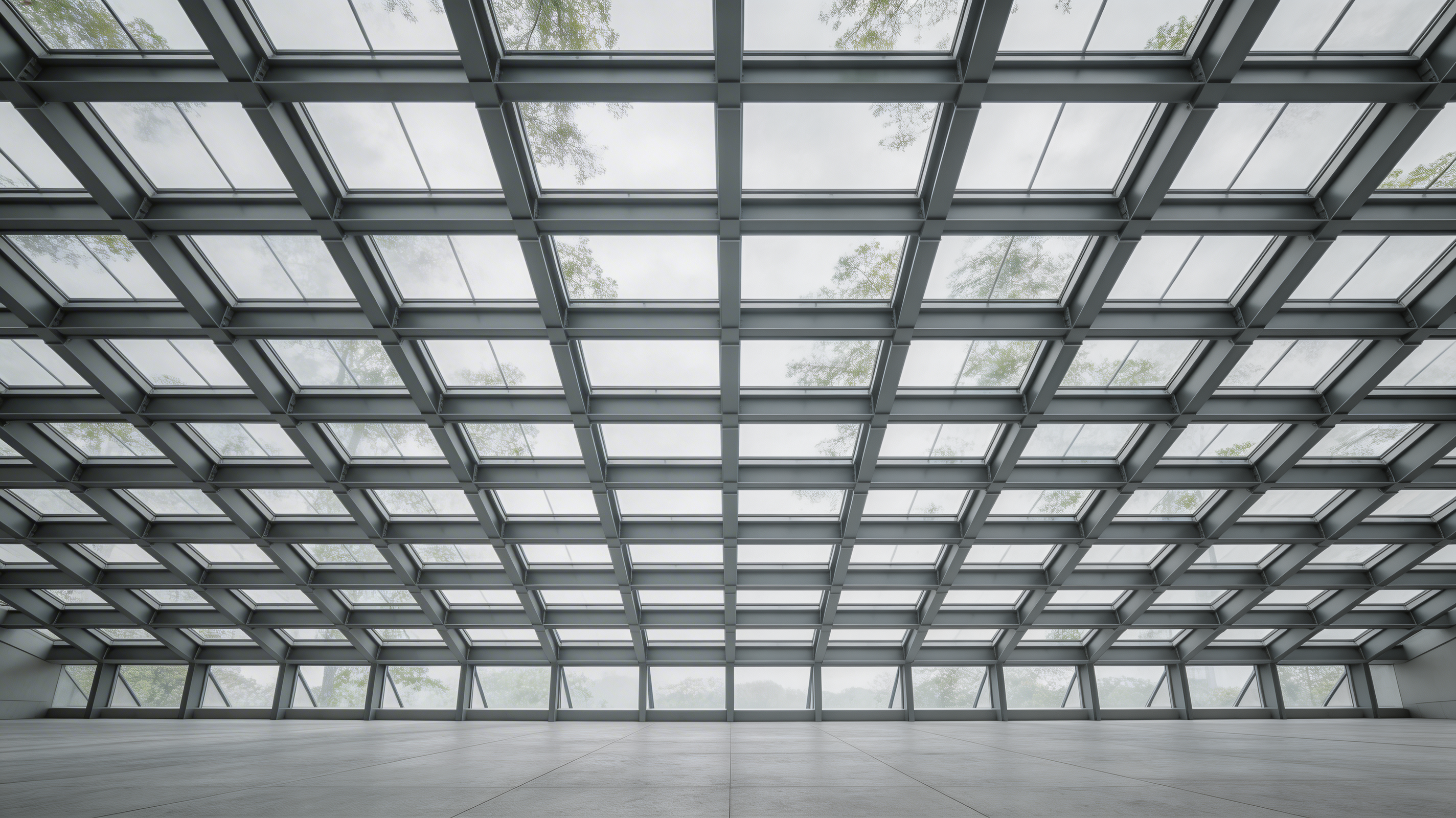 An expansive glass atrium of a modern corporate building shot from below, geometric steel beams forming a lattice pattern against an overcast sky, with faint reflections of greenery on the glass panels